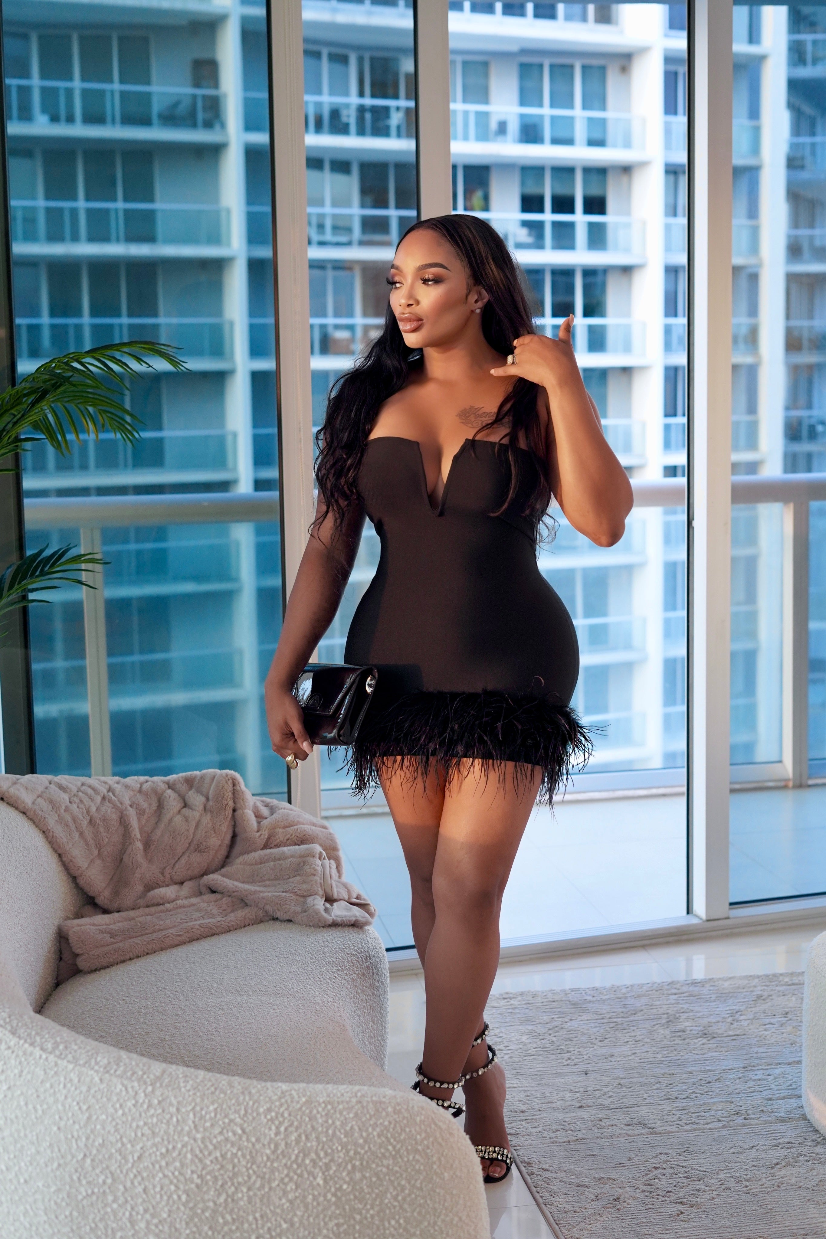 Joia Feather Bandage Dress (Black)